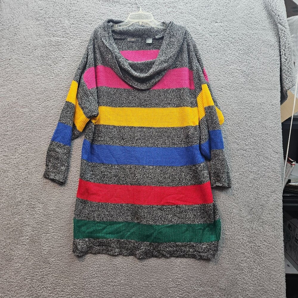 Vintage Gitano Knits Striped Sweater Dress Cowl Neck Gray-Multi large